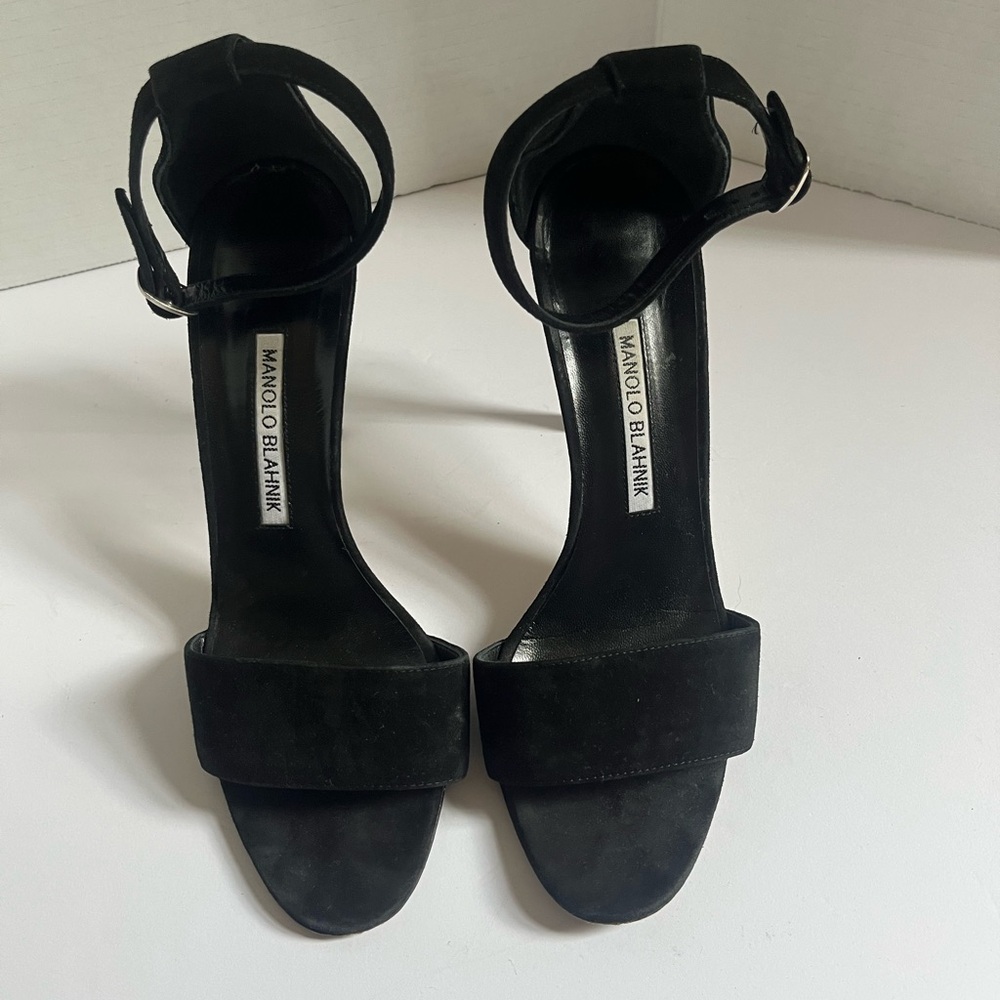 Manolo Blahnik Black Open Toe Strappy Suede Stilettos EU 37.5 / US 7.5